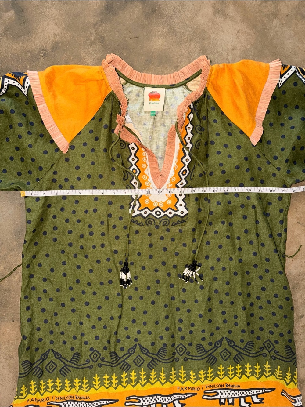 FARM Rio Denilson Baniwa Linen Shift Dress XXS Oversized Raffia Tassel Fringe - Picture 8 of 13